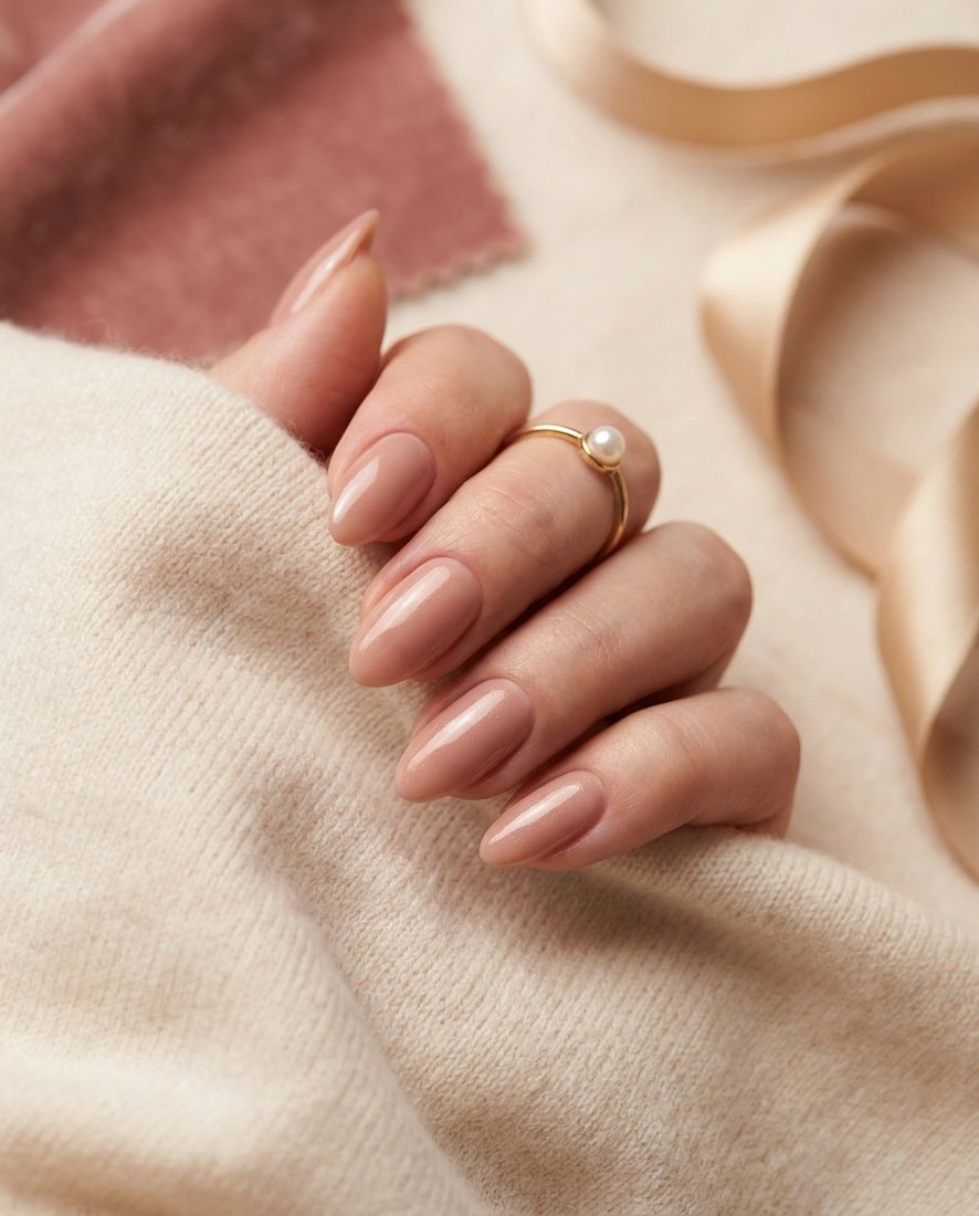 Glanzende nude-beige manicure met een hoogglans afwerking