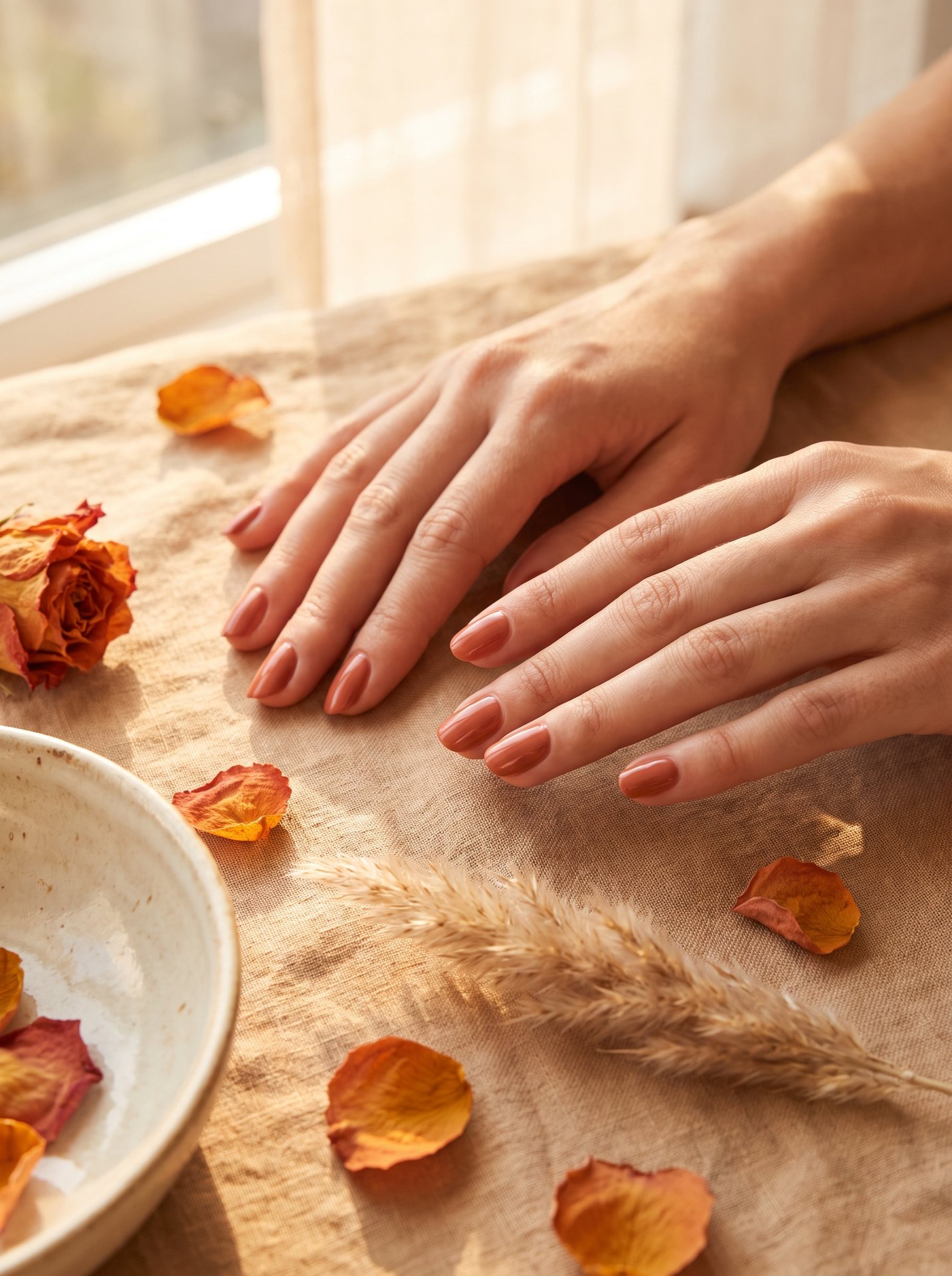 Twee verzorgde handen met een warme, glanzende gelmanicure