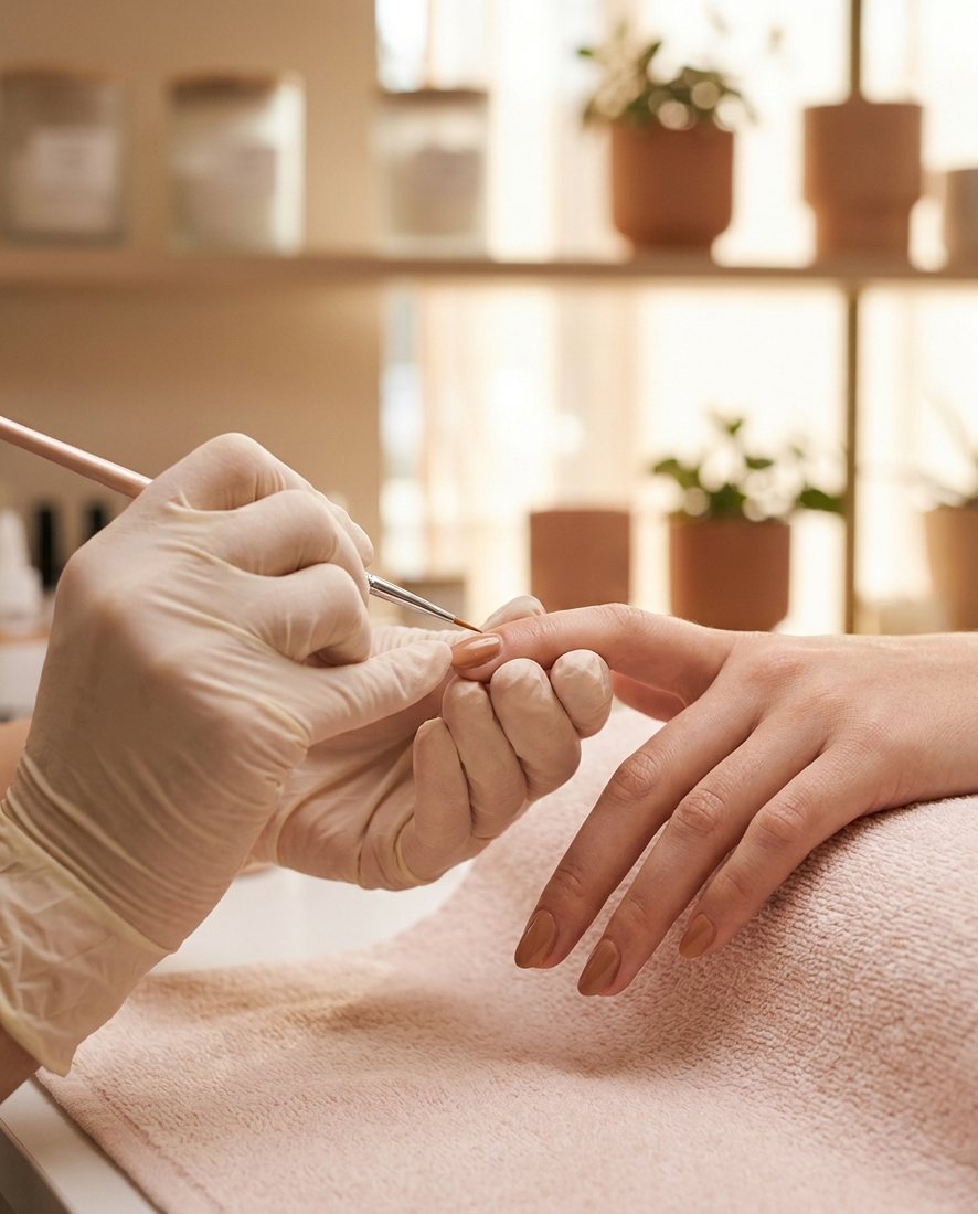 Nagelstyliste werkt met een fijn kwastje aan de nagels van een klant